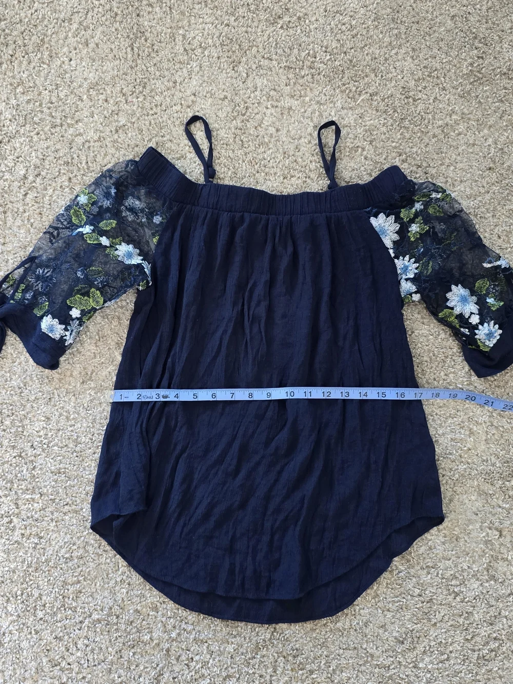 A. Byer Navy Off-Shoulder Camisole with Blue and Green Floral Embroidery